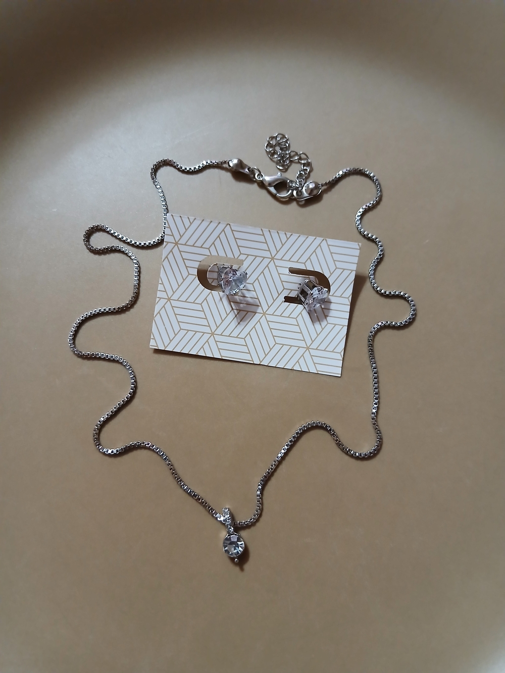 Silver Crystal Pendant Necklace and Stud Earrings Set
